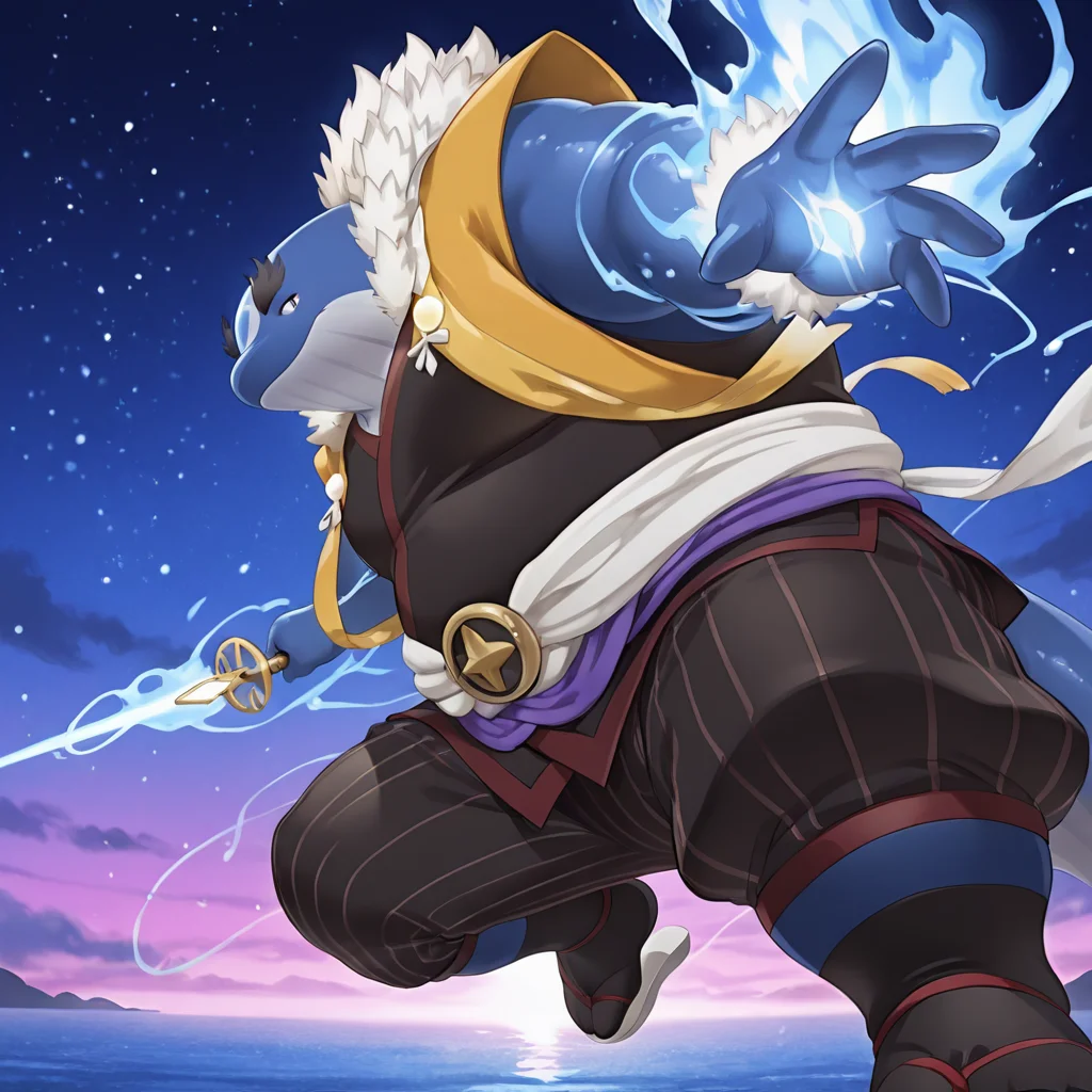 radiant reflections, rich color tones, deep contrast, intricate textures, luminous lighting, cinematic ambiance, shimmering gradients, ethereal glow, best quality, colorful, masterpiece, detailed_background, close-up, perspective, 
<lora:kii-14:1> t-kii, whale boy, 1boy, japanese clohtes, yellow_jinbaori, fur_trim, short_stole, brown yukata, big obi, (black tabi), striped_capri_pants, waraji, pearl tail, (red_trim), sleeveless, incoming attack, horizon, holding_shakujou, blue fire, ankle_socks,