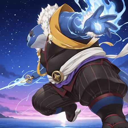 radiant reflections, rich color tones, deep contrast, intricate textures, luminous lighting, cinematic ambiance, shimmering gradients, ethereal glow, best quality, colorful, masterpiece, detailed_background, close-up, perspective, 
<lora:kii-14:1> t-kii, whale boy, 1boy, japanese clohtes, yellow_jinbaori, fur_trim, short_stole, brown yukata, big obi, (black tabi), striped_capri_pants, waraji, pearl tail, (red_trim), sleeveless, incoming attack, horizon, holding_shakujou, blue fire, ankle_socks,