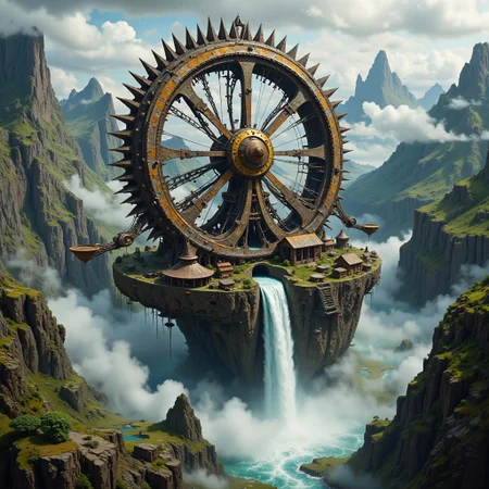 A colossal, intricate fantasy steampunk waterwheel, adorned with brass filigree and copper accents, powers a majestic floating village, with thatched roofs and billowing smoke, suspended high above the mist-shrouded depths by a latticework of wooden beams and steam-powered pulleys, as a gargantuan, surreal waterfall cascades down a sheer, rugged cliffside, its torrential waters churning the wheel's massive, toothed cogs, surrounded by a halo of mist and spray, evoking the atmospheric, cinematic scenery of Syd Mead, the mechanical, industrial elegance of H.R. Giger, and the epic, dreamlike quality of Zdzisław Beksiński.
