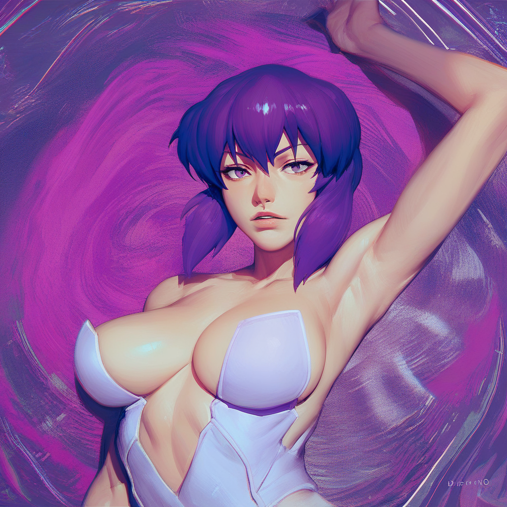 score_9, score_8_up, score_7_up, source_anime, expressive, anime, P5YCH3D3l1C, speedlines, dynamic, 1girl, Motoko Kusanagi\(Ghost in the Shell\), (purple Hair:1.3), abstract, checkered floor, seductive, revealing clothing, armpit_hair, slender, short, large breasts