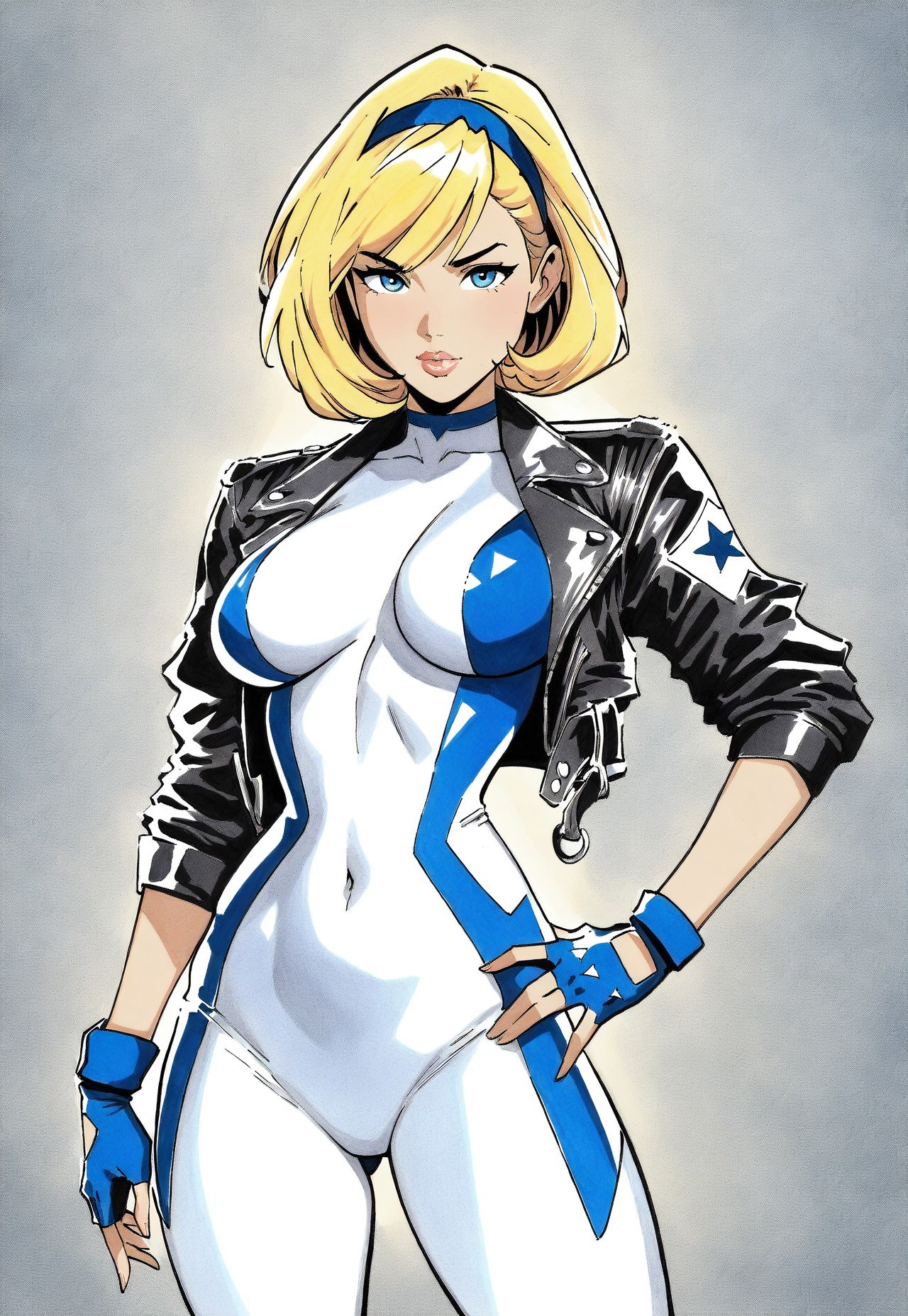 safe_pos, masterpiece, high score, great score, absurdres, SUP3RH3R0 Style, 1girl, blonde hair, solo, gloves, jacket, blue eyes, fingerless gloves, traditional media, marker (medium), short hair, bodysuit, breasts, covered navel, hairband, skin tight, lips, cropped jacket, leather jacket, leather, headband, blue gloves, star (symbol), medium breasts, comic art style