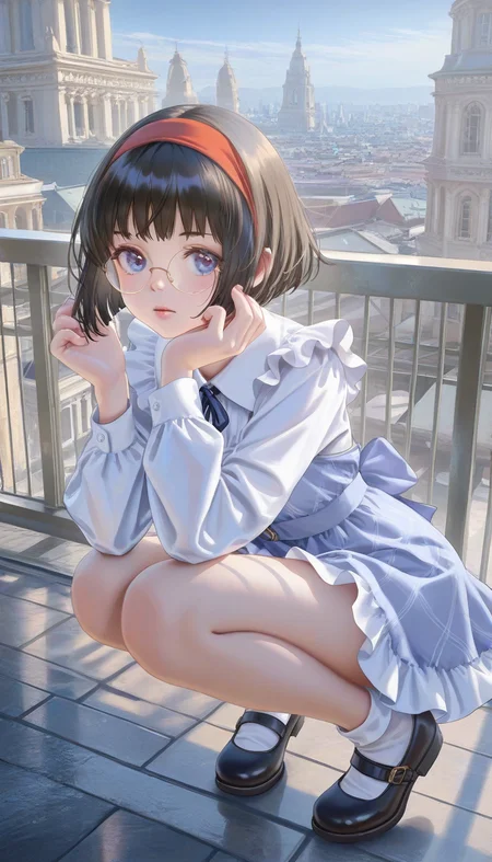 Sorry I lost the prompt of this one ; -; but it should be something like this:

1girl,realistic,, bob cut, dark blue hair, hairband, red band,  white dress, frilled dress, mary janes, round eyewear, blue eyes, leaning on railing, cityscape, sunlight, pink lips, long sleeves, tiptoes, 

(Morikura En:1.05), Rella,(nanaken nana:0.9524),u u zan, banishment, stu dts,(miv4t:0.9524),(wlop:0.907) (suzumi \(ccroquette\):1.1025),rei \(sanbonzakura\),torino aqua,close-up, squatting, 