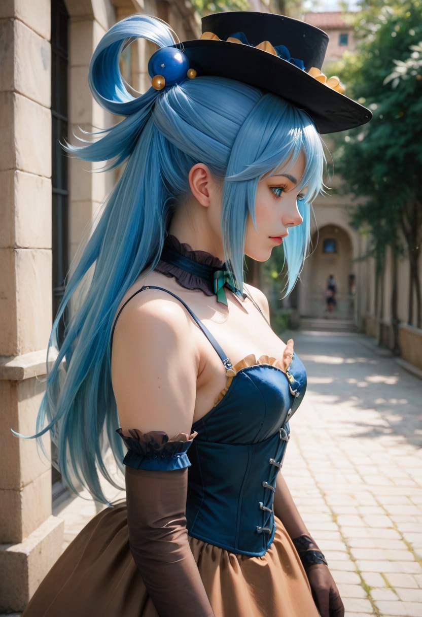 score_9, score_8_up, score_7_up, score_6_up,1girl, face ((cowboy shot)), aqua from konosuba, (blue hair), blue ponytail, long hair, hair ornament, black hat, corset, victorian dress, elegant dress, brown dress, high heels, black long gloves, blue eyes, short dress, upper body,