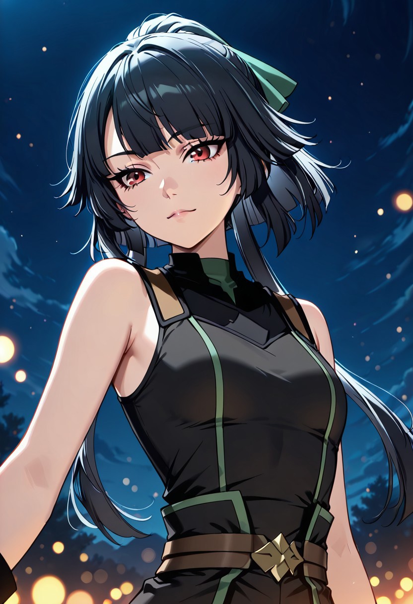 score_9, score_8_up, score_7_up, dynamic view, eye_focus, solo, looking_at_viewer, 1girl, 
masterpiece, best quality, bokeh, luminescent background,
( jasmine flamesworth,, black hair, pony tail, long hair, hair ribbon, green ribbon, red eyes,  small breasts,, sleeveless shirt, black shirt, brown belt, black pants, short boots, black boots,  ,  )
portrait, happy