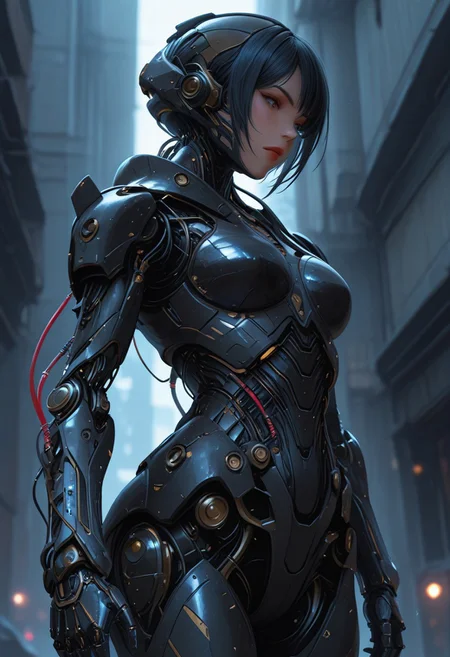 ultra realistic, masterpiece, high detailed skin, best quality, high res, very aesthetic, anime style, studio anime, source_ecchi, anime, (finely detailed face), (petite body:1.3), anime, manga, inksketch, studio anime, faceless android. Significant cybernetic augmentation into neck and spine, and a powerful, segmented white-plated robotic arm and hand revealing underlying red wiring/components. the android wears a simple black tank top, revealing toned musculature alongside the cybernetics. The lighting is dramatic and high-contrast, with a bright backlight illuminating parts of her form and casting deep shadows, set against a blurry, cool-toned cityscape. Focus on functional combat cybernetics, intense focus, and gritty bio-mechanical integration, creating a peaceful and tranquil atmosphere. alluring and erotic atmosphere. dramatic scenery, intricate details, (blurry background, depth of field:1.1), foreshortening, erotic and aesthetic, lascivious pose, dynamic dutch angle, bright colors, stunningly artwork, cowboy shot, mcnm