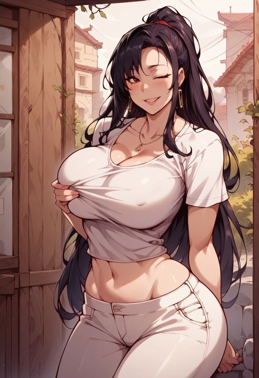 score_9, score_8_up, score_7_up, score_9, MFCG PDXL, source_anime, (beautiful face, beautiful eyes, detailed eyes, detailed face:)
1girl, solo, girl solo, slobber, hourglass shaped body, curvy figure,
front view, (home wear, T-shirt, pants),
dynamic standing seductive pose, seductive pose, half body,lewd face, slutty a lot, horny,lewd face, slutty a lot, horny eyes, smug, high waisted thongs, high waisted thongs, breasts grab, playing with breasts, 
huge ass, huge tits, large ass,
beautiful anime face, detailed anime face,
(wide hips:1.3), milf, 
Ayano Sukuba, black hair, ponytail hair, long hair, red eyes, big breasts, big hips, lewd, slutty,
(huge ass,large ass), beautiful anime face, detailed anime face, hourglass shaped body, curvy figure, fit body,