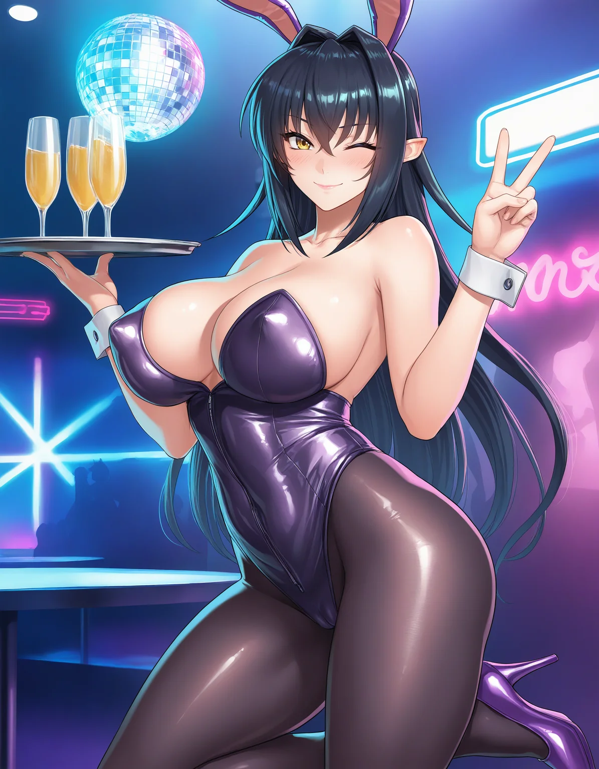 masterpiece, good quality, best quality, shadow, bloom,
Annerose, mature female, standing on one leg, holding tray, drinking glass on tray, V sign, from side,
pointy ears, 1girl, solo, cowboy shot,
looking at viewer, blush, seductive smile, happy,
black hair, long hair, yellow eyes, one eye closed,
playboy bunny, bare shoulders, purple leotard, fake animal ears, pantyhose, purple footwear, high heels, cameltoe, covered nipples,
curvy, large breasts, thighs, hips,
indoors, nightclub, disco ball, neon light,
<lora:Annerose3216 NoobAIXL V-pred:1> 5 fingers 4 fingers