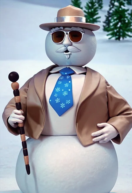 (score_9, score_8, score_7), masterwork, masterpiece, best quality,, elfsnm, cartoon snowman, two round snowball body, white face, black mustache and goatee, wearing beige jacket and hat, blue necktie with white snowflakes, black sunglasses, holding black and white striped cane, vintage style character, looking at view