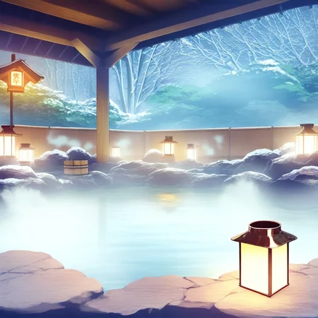 scenery,onsen,no humans,steam,lantern
