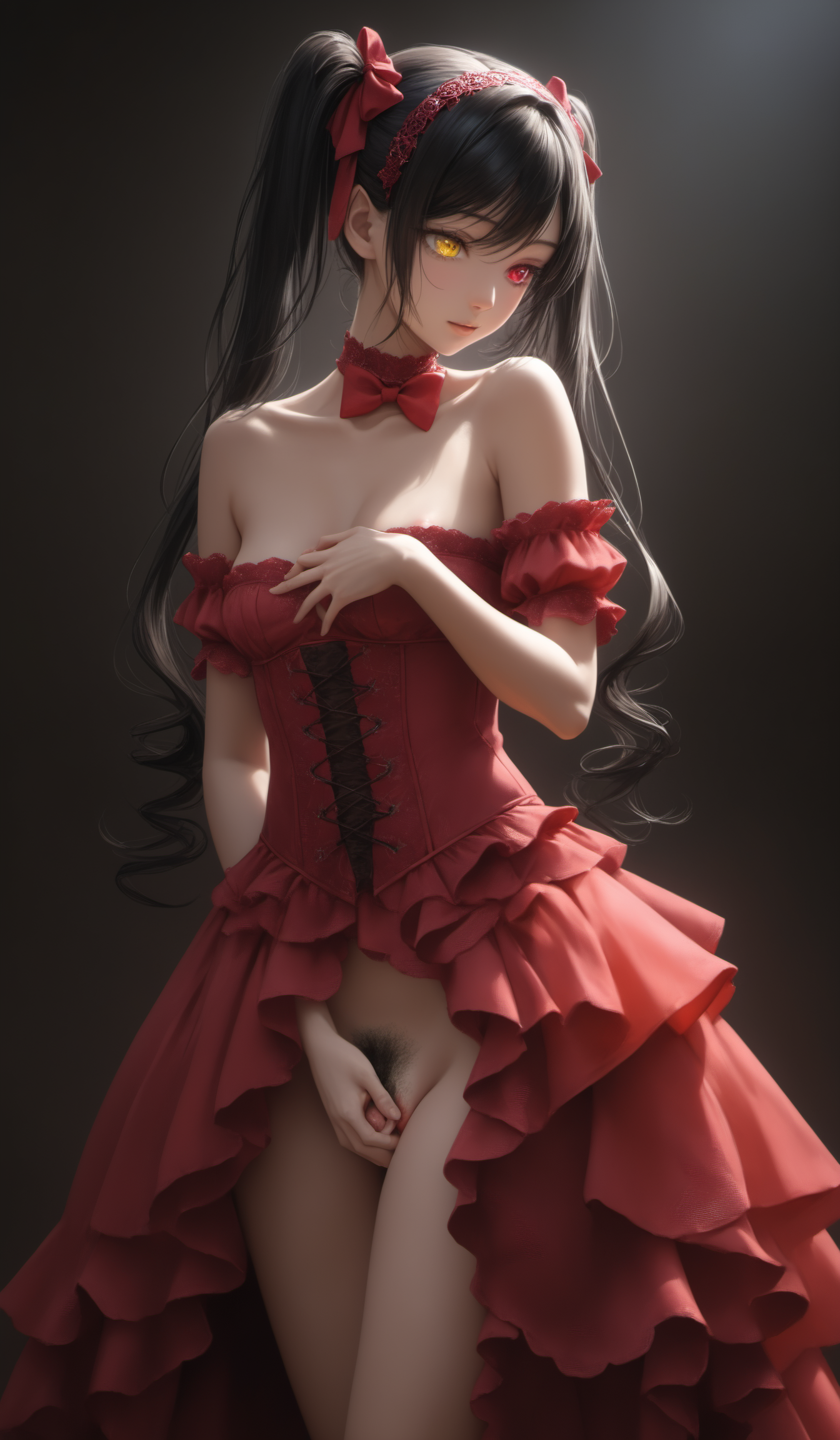 kurumi tokisaki astral dress, long hair, black hair, red eyes, twintails, yellow eyes, hairband, heterochromia, dress, red dress, bare shoulders, collarbone, choker, bowtie, red bowtie, detached sleeves, corset, frills,(masturbation, touching own pussy:1.4),(pubic_hair:1.4),
(Best quality,masterpiece,absurdres,ultra realistic:1.4),(Rococo:1.4),(close portrait:1.3),(((photo raw)),),peerlessly , beautiful detailed eyes,(see-through_clothing),(Elegant),shine,glowing,sparkling,energy coalescing and vibrating,(dynamic angle,dynamic pose),Close-up photo,standing,nsfw, topless, nude,charming,alluring,seductive,enchanting,cleavage,exposed,(Dream_wave:1.22),
(Around floating colorful crystals:1.4)the most beautiful form of chaos,(hexagram:1.4),(colorful flowers:1),
naked young woman (vaginal sex:1.5) with man, erection  in hot tub ,  (huge breasts:1.3),
