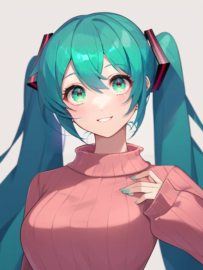 portrait, [:(score_4_up:0.25):0.65], [score_9_up:score_6_up:0.35], [:anime:0.4], portrait, detail face, large eyes, woman standing, ((hatsune miku)),    
medium breasts, sweater, skirt, motherly, [:photorealism:0.5]