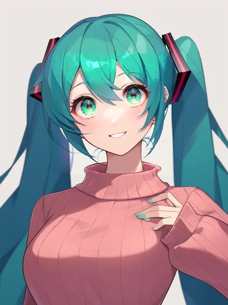portrait, [:(score_4_up:0.25):0.65], [score_9_up:score_6_up:0.35], [:anime:0.4], portrait, detail face, large eyes, woman standing, ((hatsune miku)),    
medium breasts, sweater, skirt, motherly, [:photorealism:0.5]