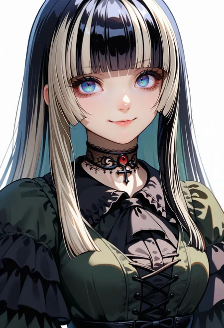 score_9,score_8_up,score_7_up, <lora:juufuutei_raden_hololive_pdxl_goofy:1>jufuraidendef, 1girl, multicolored hair, solo, long hair, choker, lace choker, dress, grey hair, blunt bangs, looking at viewer, white background, streaked hair, smile, gothic fashion, lace-trimmed choker, lace, simple background, gothic , green dress, two-tone hair, frills, upper body, black choker, sidelocks, lace trim, black dress, hime cut, cross-laced clothes