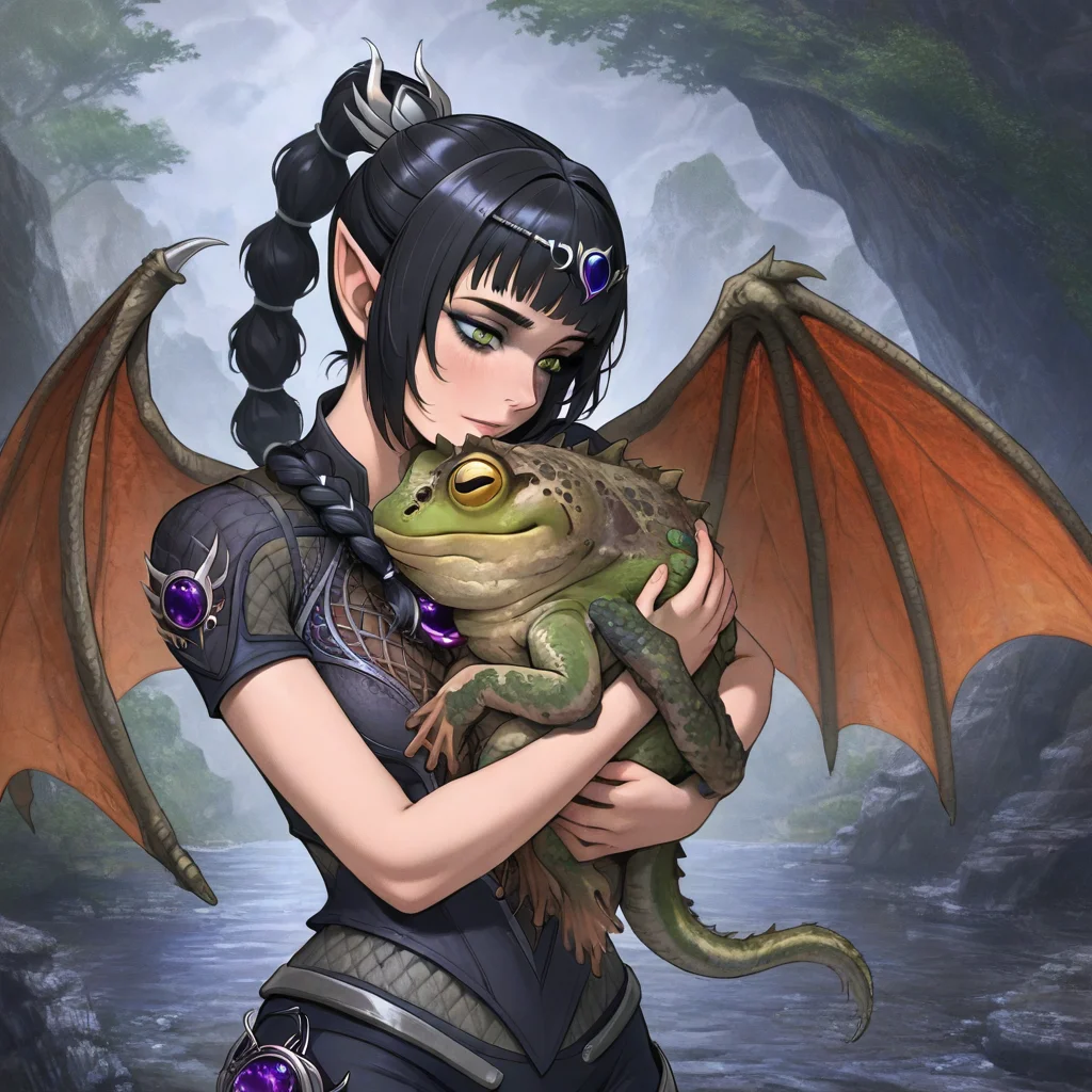 masterpiece, best quality, newest, absurdres, highres, anime, anime style, 1girl, shadowheart \(baldur's gate\), long braid, elf, pointy ears, black hair, braid, side bangs, holding, holding animal, hug, hugging anima, hugging pet, BREAK Droad-V1.0, dragon, toad, frog, animal, pet, wings, scales, cure,