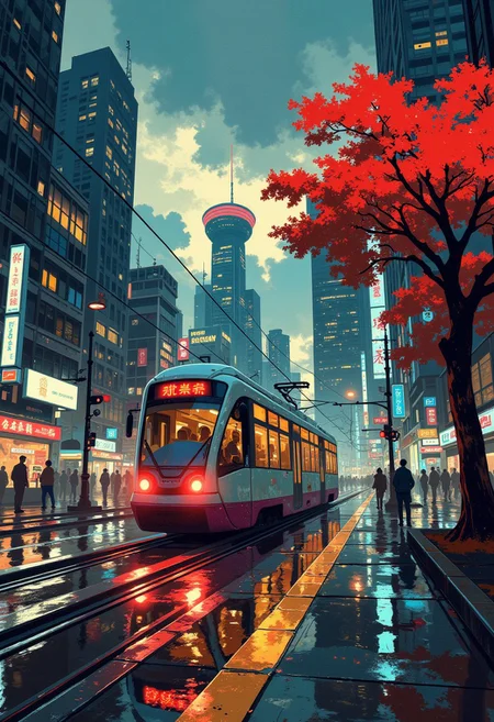 A dynamic futuristic urban scene in a modern, detailed, and semi-realistic art style. The composition centers on a city tram moving along glistening, wet tracks, reflecting the warm glow of its lights. The cyberpunk tram is positioned in the lower right quadrant, heading towards the viewer, with its interior softly illuminated, revealing silhouettes of passengers inside. The front of the tram displays glowing red signage in a stylized Asian script, adding cultural specificity. In the foreground, the tracks reflect the golden and white lights from the tram and surrounding streetlights. To the sides, densely packed urban buildings rise vertically, featuring illuminated signage in both warm tones and contrasting neon hues. A vibrant sepia-leaved tree occupies the lower right corner, its branches extending into the scene, adding a striking natural contrast to the urban landscape. In the midground, pedestrians are visible near the tram, subtly blurred to emphasize the motion and energy of the city. The background features towering skyscrapers, with one prominent building displaying a rounded red-lit rooftop, framed against a dramatic sky filled with dense, layered clouds. The wet ground and tracks reflect the vibrant lights and colors, enhancing the visual impact with realistic textures.cing the peaceful and picturesque ambiance.
i11ustmin Illustration