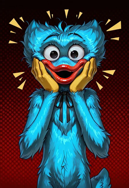(huggy_wuggy:1.1), long limbs, blue body, 
masterpiece, absurdres, amazing quality, ultra-detailed, no humans, solo, black eyes, dilated pupils, wide eyed,
kaogei, parted lips, :o, shiny eyes, extra fluffy, fluffy body fur, (no ears:1.15), messy hair, thick fur, neck ribbon, skinny, lanky, yellow hands, red lips, o mouth, 
looking at viewer, upper body, hand on own cheek, hands on cheeks, emanata, abstract background, patterned background, perfect lighting, deer tail, blue tail, 
score_9, score_8_up, score_7_up, birdo mouth