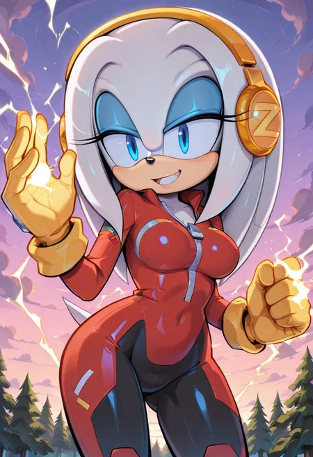 score_9, score_8_up, score_7_up, score_6_up, score_5_up, score_4_up, source_cartoon, source_furry, anthro, solo, 1girl, Zeta_r02, from sonic, middle breasts, anthro, furry female, from sonic, white body, yellow headphones, blue eyes, robot, long hair, black shorts, red bodysuit with zipper, yellow gloves, black bottom of suit, forest, trees, standing, grin, action posing, open mouth, electricity everywere, white electricity on hands, cr4ckl3, white electricity, lightnings on body