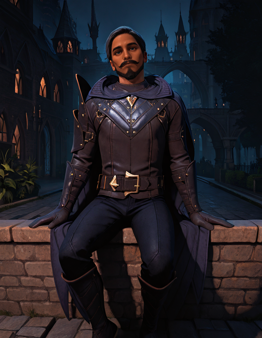 cinematic_depth, 8k, soft_lighting, warm_glow, ultra_high_quality, masterpiece, best quality, newest, perfect quality, best quality, detailed background, intricate details, male focus, solo, realistic, <lora:Dragon Age Veilguard - Viago de Riva - Illustrious 2_1-000006:0.7>,  dav_viago, 1boy, black hair, short hair, dark skin, beard, mustache, blue eyes, leather armor, hooded cloak, single pauldron, leather belt, leather gloves, leather pants, leather boots, outdoors, night, city, buildings, bridge, stone walkway, plants, trees, looking at viewer, sitting on wall, looking at viewer, head tilt, from side