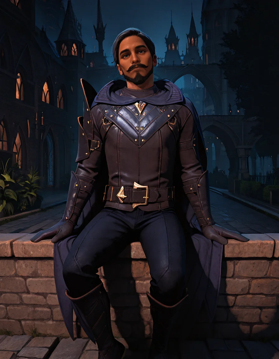 cinematic_depth, 8k, soft_lighting, warm_glow, ultra_high_quality, masterpiece, best quality, newest, perfect quality, best quality, detailed background, intricate details, male focus, solo, realistic, <lora:Dragon Age Veilguard - Viago de Riva - Illustrious 2_1-000006:0.7>, dav_viago, 1boy, black hair, short hair, dark skin, beard, mustache, blue eyes, leather armor, hooded cloak, single pauldron, leather belt, leather gloves, leather pants, leather boots, outdoors, night, city, buildings, bridge, stone walkway, plants, trees, looking at viewer, sitting on wall, looking at viewer, head tilt, from side