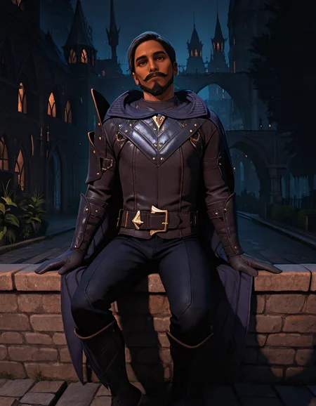 cinematic_depth, 8k, soft_lighting, warm_glow, ultra_high_quality, masterpiece, best quality, newest, perfect quality, best quality, detailed background, intricate details, male focus, solo, realistic, <lora:Dragon Age Veilguard - Viago de Riva - Illustrious 2_1-000006:0.7>,  dav_viago, 1boy, black hair, short hair, dark skin, beard, mustache, blue eyes, leather armor, hooded cloak, single pauldron, leather belt, leather gloves, leather pants, leather boots, outdoors, night, city, buildings, bridge, stone walkway, plants, trees, looking at viewer, sitting on wall, looking at viewer, head tilt, from side