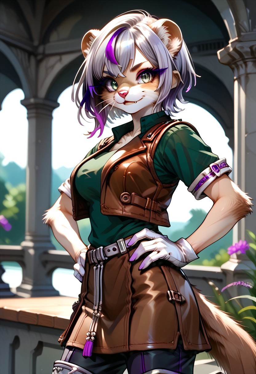 score_9, score_8_up, score_7_up, source_furry, WSG02, weasel girl, weasel ears, weasel tail, natgra2, gray eyes, short hair, (silver hair, violet highlights:1.5), steel greaves, plated footwear, brown skirt, black pants, green shirt, brown leather vest, silver belts, white gloves, silver chest plate, full body view, large breasts, hands on hip