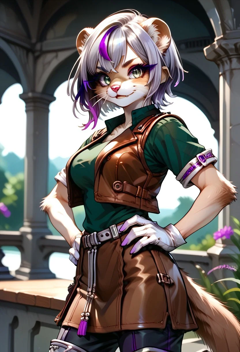 score_9, score_8_up, score_7_up, source_furry, WSG02, weasel girl, weasel ears, weasel tail, natgra2, gray eyes, short hair, (silver hair, violet highlights:1.5), steel greaves, plated footwear, brown skirt, black pants, green shirt, brown leather vest, silver belts, white gloves, silver chest plate, full body view, large breasts, hands on hip