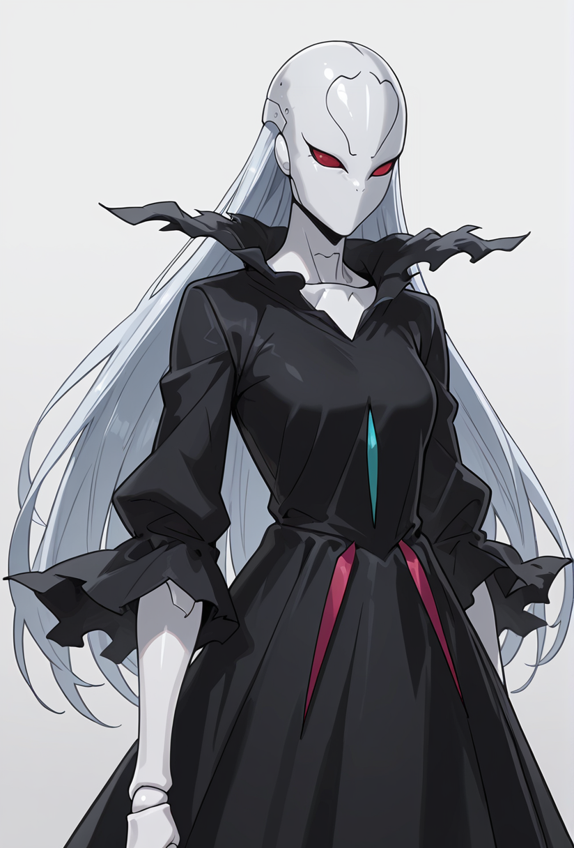 Smooth Quality,masterpiece,very intricate, high quality details, ultra realistic, high detailed skin,detailed enviorement,absurdres,
simple background, white background, 
front view,pain, winced eyes, tight jaw,,solo,
 <lora:Berettacnn:0.8>  beretacnn,1girl, long hair,red eyes, (mask:1.1), black dress,silver hair, doll joints, no humans, no mouth,