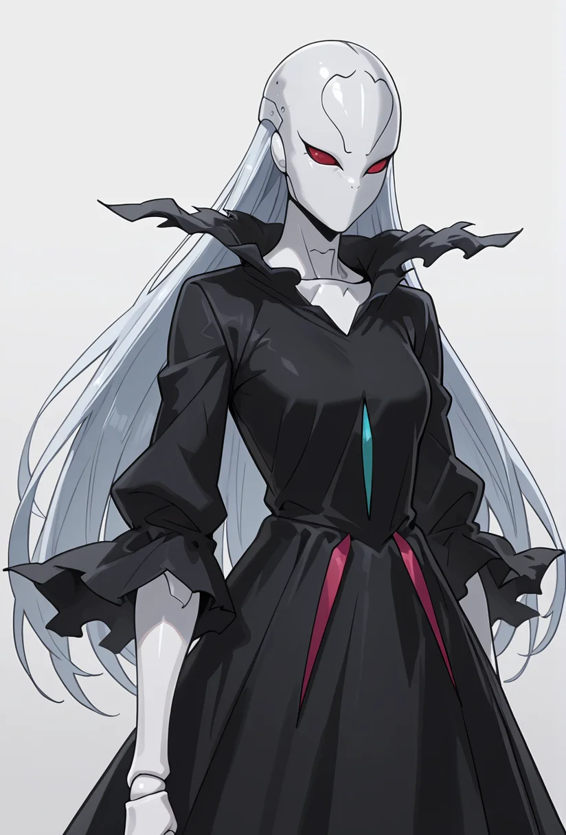 Smooth Quality,masterpiece,very intricate, high quality details, ultra realistic, high detailed skin,detailed enviorement,absurdres,
simple background, white background, 
front view,pain, winced eyes, tight jaw,,solo,
 <lora:Berettacnn:0.8>  beretacnn,1girl, long hair,red eyes, (mask:1.1), black dress,silver hair, doll joints, no humans, no mouth,