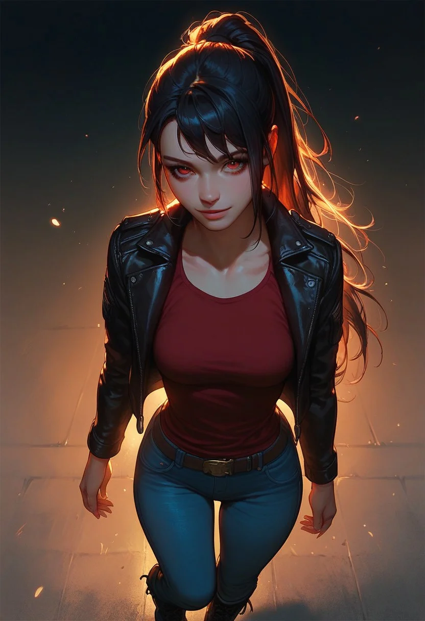 score_8_up, score_7_up , score_9, black hair, long hair, ponytail, solo, red eyes, dynamic lighting, medium breasts, leather jacket, red tanktop, jeans, combat boots, standing, dynamic angle, night, (cowboy shot, face close-up, cheeky:1.2), knee up, leaning
