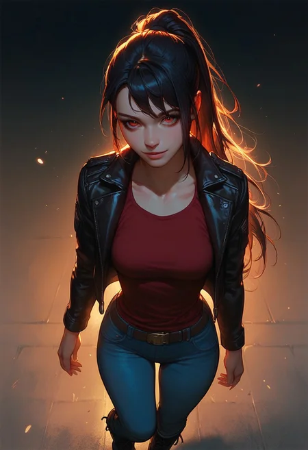 score_8_up, score_7_up , score_9, black hair, long hair, ponytail, solo, red eyes, dynamic lighting, medium breasts, leather jacket, red tanktop, jeans, combat boots,  standing, dynamic angle, night, (cowboy shot, face close-up, cheeky:1.2), knee up, leaning