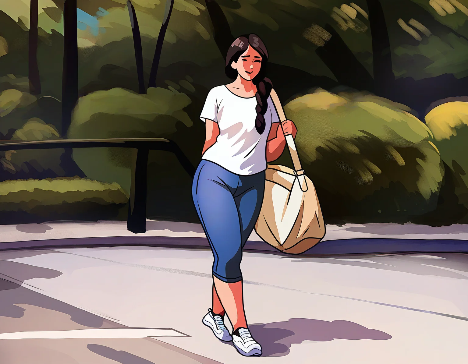 by carl newman, 1girl, t-shirt, capri-pants, sneakers, walking, sidewalk, low-braided-long-hair, from-side, messenger-bag, masterpiece, best quality, newest, absurdres, highres