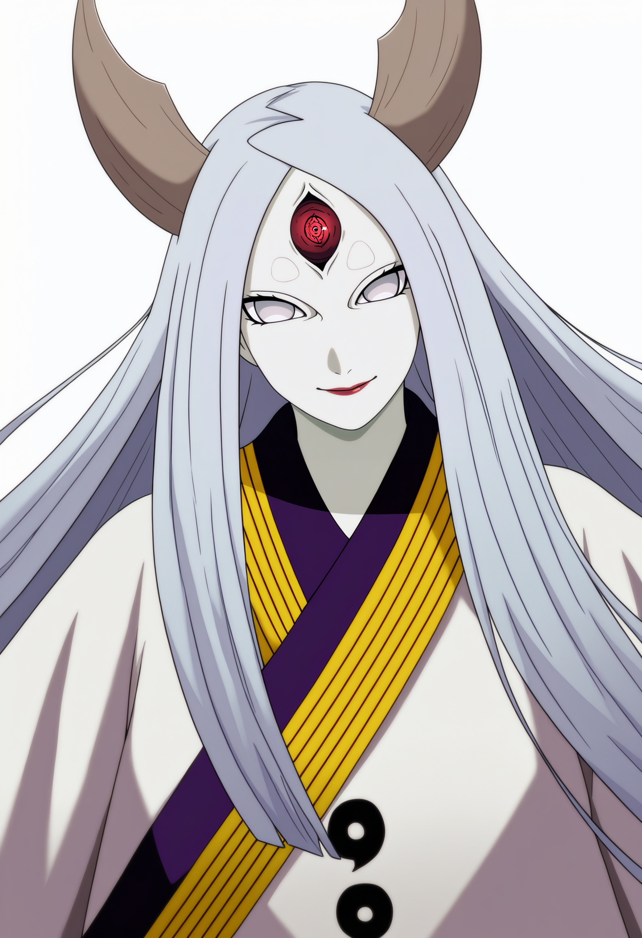 masterpiece, best quality, very aesthetic, absurdres,
1girl, otsutsu kikaguya, grey hair, long hair, grey eyes, third eye, horns,
kimono, pale skin, red lips,
upper body,
smile, solo, looking at viewer, simple background, white background,    <lora:KaguyaOtsutsukiNoobXL_byKonan:1>