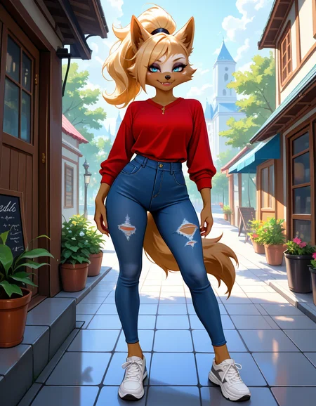 masterpiece, best quality, very aesthetic, absurdres,
outdoors, casual, 
full body, standing, posing, 
 seductive smile, parted lips, long eyelashes,
 <lora:Whisper_the_Wolf_v01_NAIXL:1>,
Wh15p3r,1girl,solo,furry,furry female,wolf girl,long hair,blonde hair,wolf ears,ponytail,blue eyes,makeup,anout,animal nose,fangs,body fur,two-tone fur,orange fur,brown fur,wolf tail,