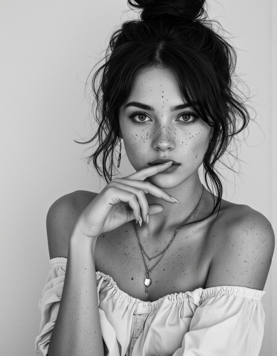 A black-and-white photograph of a young woman with a striking, contemplative expression. She has a fair complexion with visible freckles across her nose and cheeks, and her hair is dark and pulled up into a messy bun, with loose strands framing her face. Her eyes are wide open, with a piercing gaze, and her lips are slightly parted. She is wearing a delicate, thin chain necklace with a small pendant, which hangs down her chest. Her left hand is raised to her mouth, with her index finger gently touching her lips, adding a sense of introspection to her pose. She is also wearing a pair of long, slender earrings that dangle from her ears. The background is plain and neutral, possibly a light-colored wall, which ensures that the focus remains entirely on the subject. The photograph captures a raw and emotional moment, with the texture of the woman's skin and the soft fabric of her off-shoulder garment contributing to the overall intimate and thought-provoking atmosphere. The image is likely taken in a studio setting, with a minimalist approach that highlights the subject's natural beauty and inner depth.
