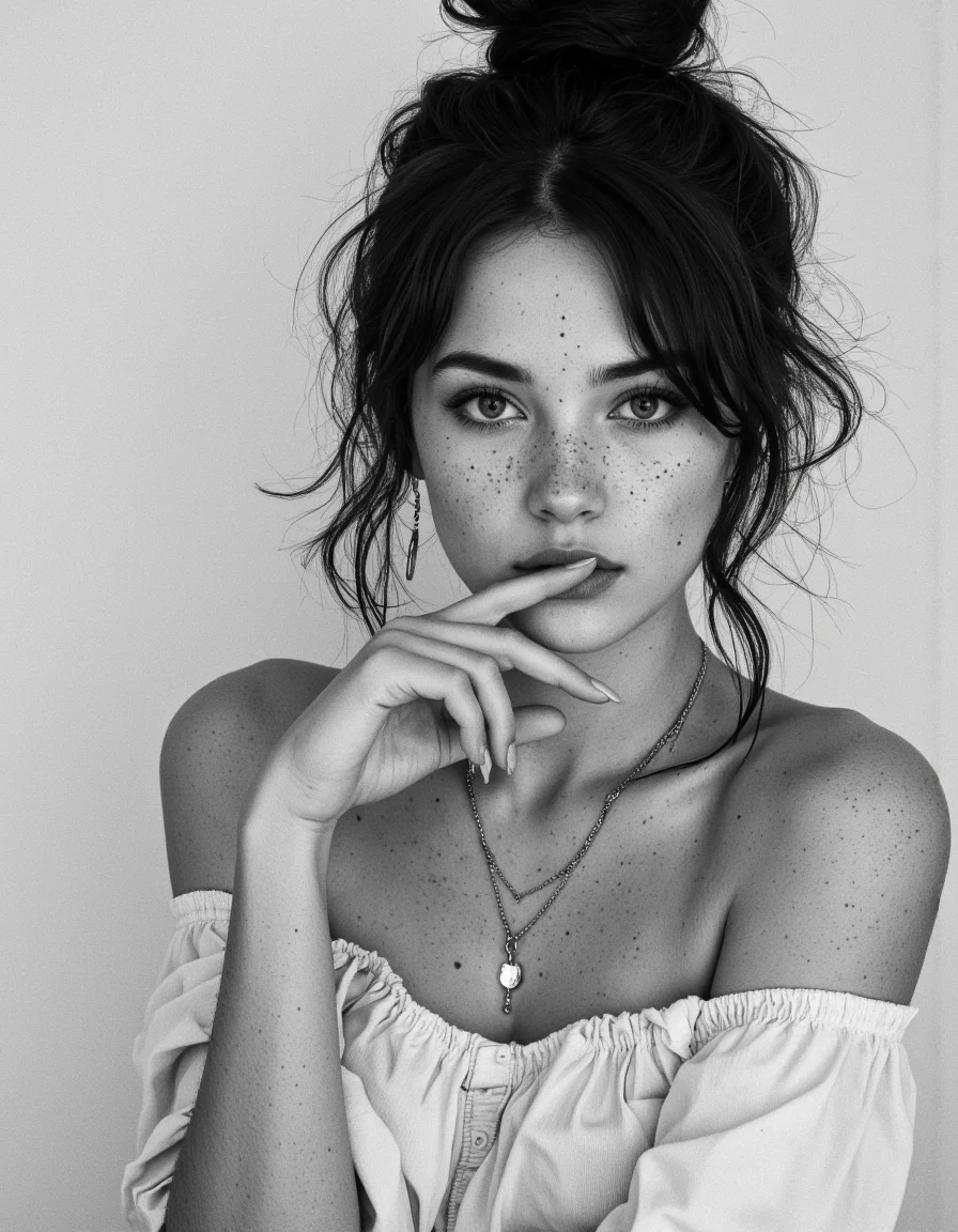A black-and-white photograph of a young woman with a striking, contemplative expression. She has a fair complexion with visible freckles across her nose and cheeks, and her hair is dark and pulled up into a messy bun, with loose strands framing her face. Her eyes are wide open, with a piercing gaze, and her lips are slightly parted. She is wearing a delicate, thin chain necklace with a small pendant, which hangs down her chest. Her left hand is raised to her mouth, with her index finger gently touching her lips, adding a sense of introspection to her pose. She is also wearing a pair of long, slender earrings that dangle from her ears. The background is plain and neutral, possibly a light-colored wall, which ensures that the focus remains entirely on the subject. The photograph captures a raw and emotional moment, with the texture of the woman's skin and the soft fabric of her off-shoulder garment contributing to the overall intimate and thought-provoking atmosphere. The image is likely taken in a studio setting, with a minimalist approach that highlights the subject's natural beauty and inner depth.