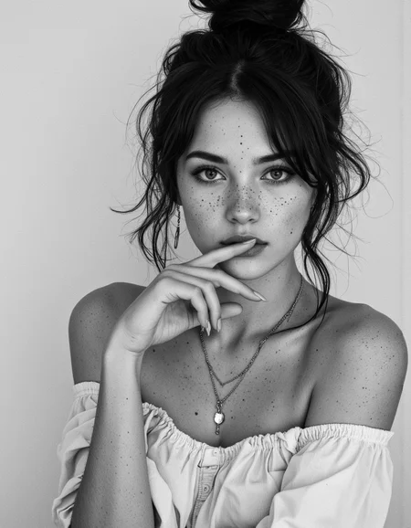 A black-and-white photograph of a young woman with a striking, contemplative expression. She has a fair complexion with visible freckles across her nose and cheeks, and her hair is dark and pulled up into a messy bun, with loose strands framing her face. Her eyes are wide open, with a piercing gaze, and her lips are slightly parted. She is wearing a delicate, thin chain necklace with a small pendant, which hangs down her chest. Her left hand is raised to her mouth, with her index finger gently touching her lips, adding a sense of introspection to her pose. She is also wearing a pair of long, slender earrings that dangle from her ears. The background is plain and neutral, possibly a light-colored wall, which ensures that the focus remains entirely on the subject. The photograph captures a raw and emotional moment, with the texture of the woman's skin and the soft fabric of her off-shoulder garment contributing to the overall intimate and thought-provoking atmosphere. The image is likely taken in a studio setting, with a minimalist approach that highlights the subject's natural beauty and inner depth.