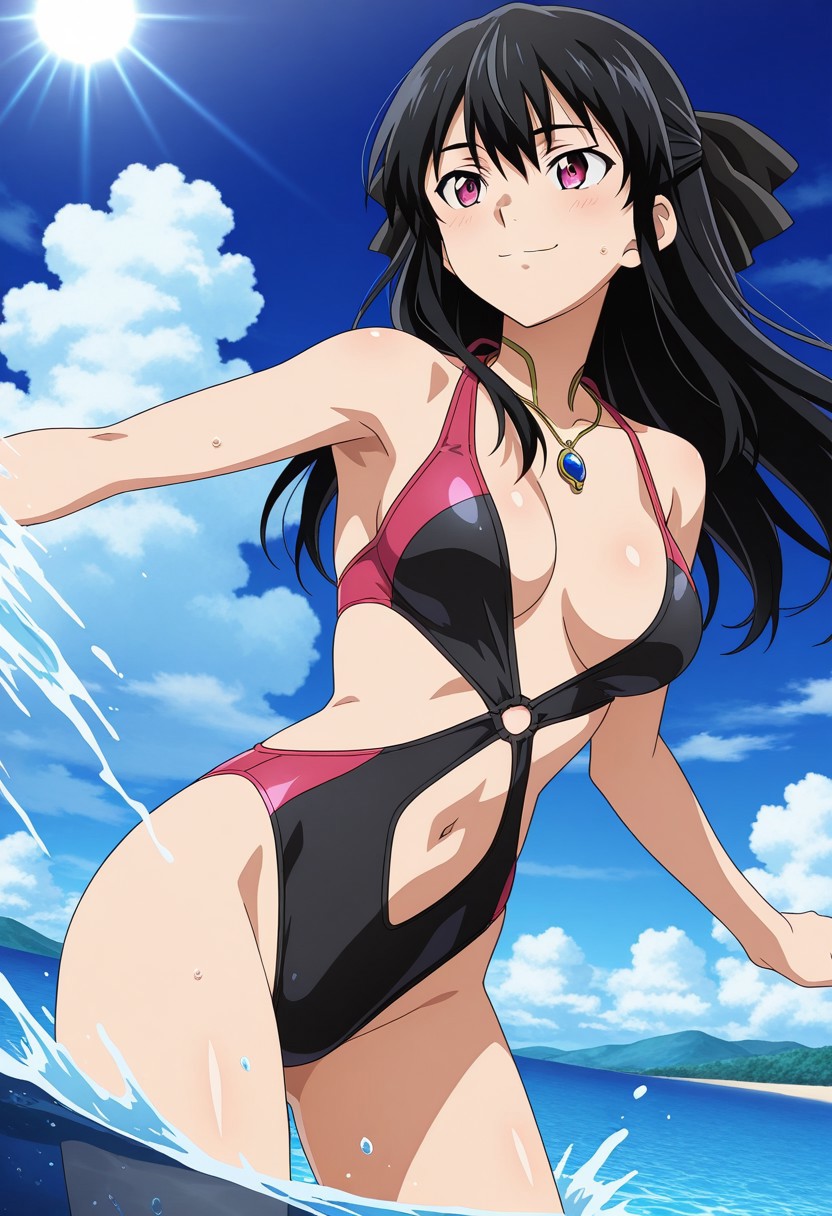 official art, detailed anime, ultra detailed anime art, anime screencap, screencap, score 9, score 8 up, score 7 up, masterpiece, anime coloring, source anime,
BREAK
RoyaKiba, 1girl, solo, black hair, ((long hair)), sidelocks, dark pink eyes, breast, navel, 
BREAK
jewelry, necklace, pendant, gem, one-piece swimsuit,clothing cutout barefoot
BREAK
cowboy shot, standing, playing on water, happy face, partiar submerged, throwing sea water, generic beach, sea side, perfect weather, sun, blue sky, some clouds,  detailed background,