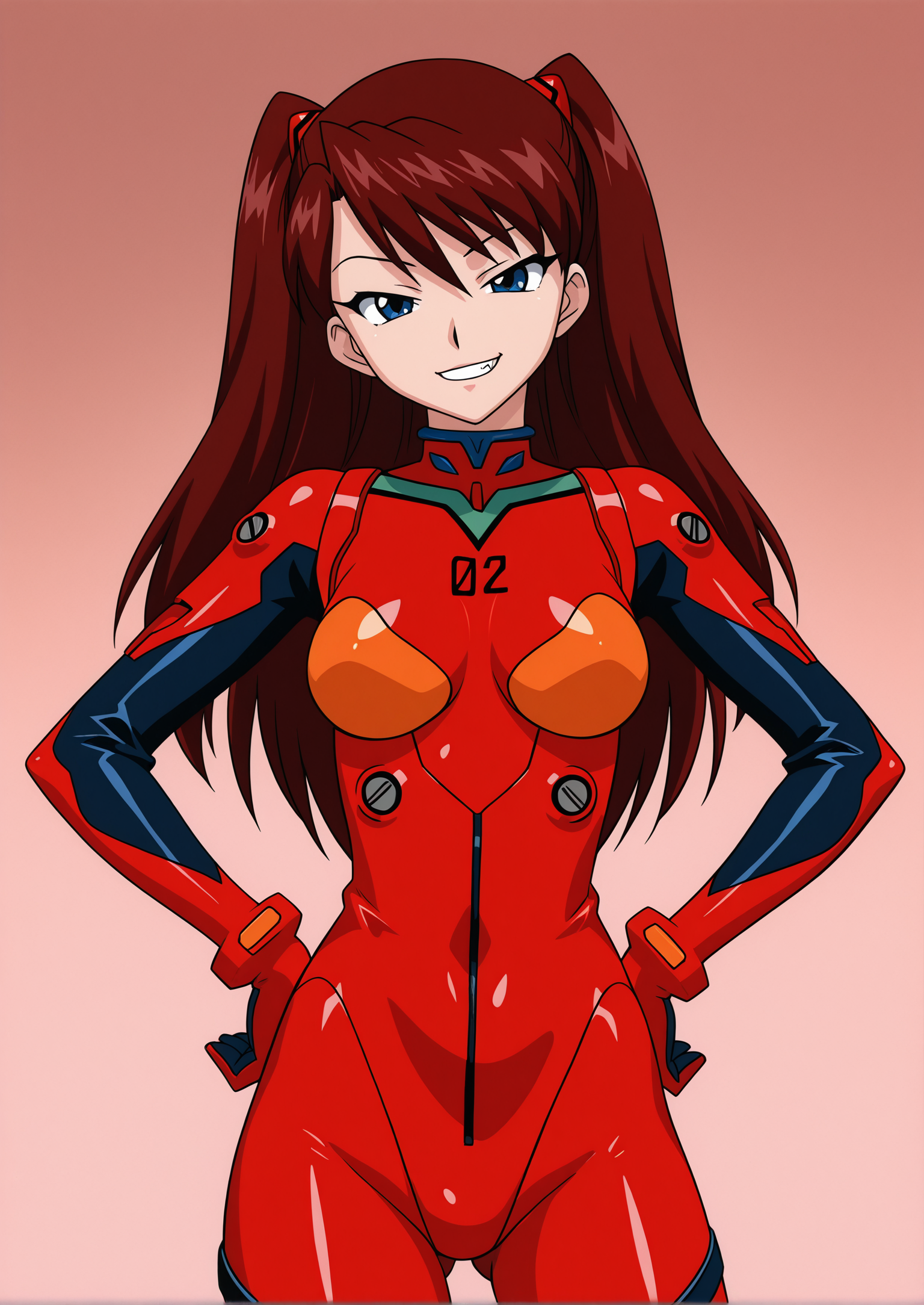 SimplepositiveXLv1, IllusP0s, anime, cowboy shot, 2000s, 
BREAK
1girl, solo, <lora:Eri_Shinkai_Aika_R-16:1> EriR16, dark red hair, two side up, blue eyes, tsurime, eyelashes, red plugsuit, grin, naughty face, hands on hips