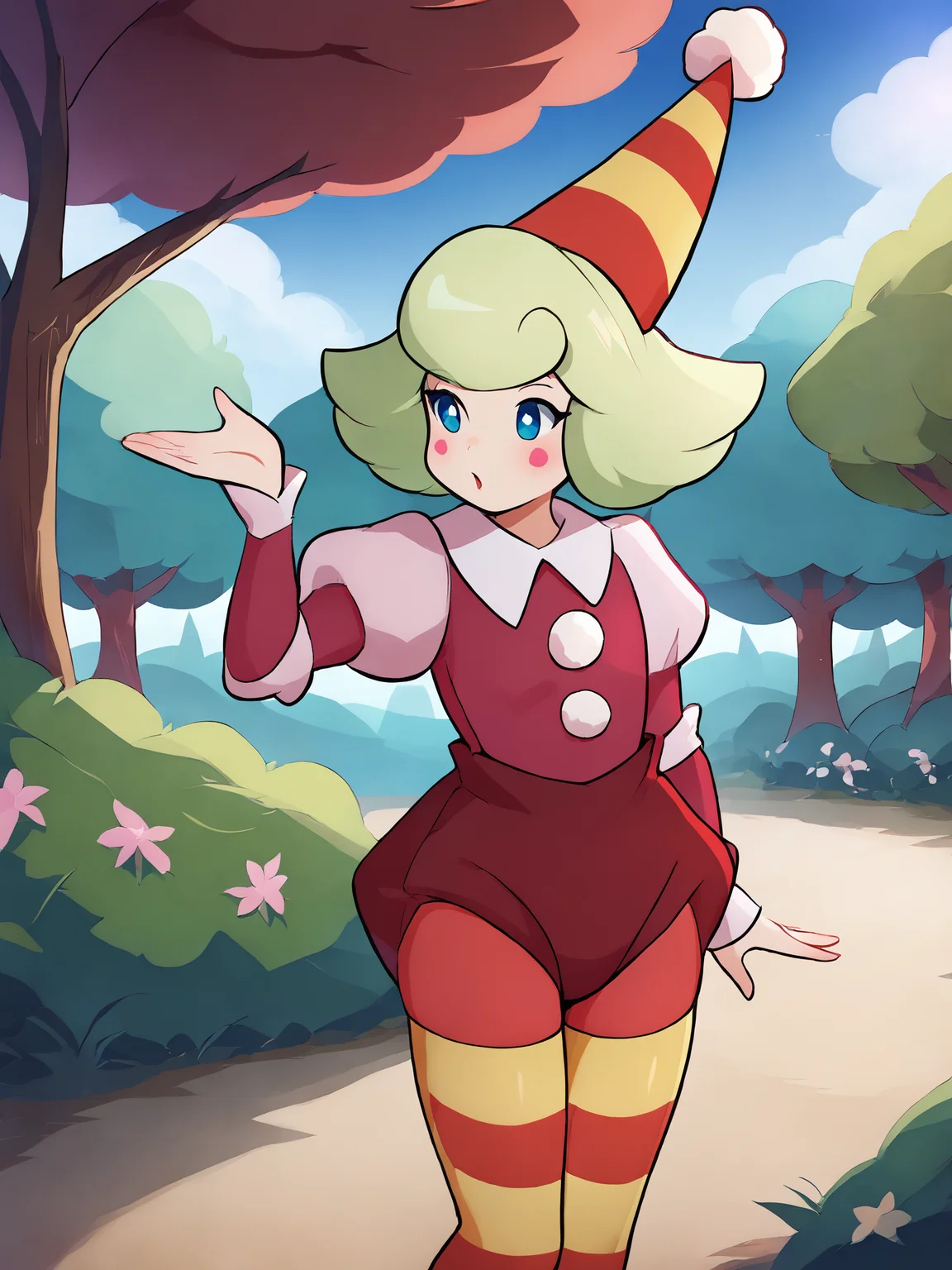 score_9, score_8_up, ,sharp focus,, absurdres, highres, illustration, outdoors,,trees, bonbonxl, 1girl, solo, blush stickers, short hair, flat chest, light green hair, blue eyes, thighhighs, long sleeves,,, pom_pom_(clothes),party hat, ,pink shirt, , striped, puffy sleeves, , ,, juliet sleeves, , striped thighhighs,,puffy ,puffy pants , red pants, red thighhighs, yellow thighhighs, <lora:bonbonxl:1>