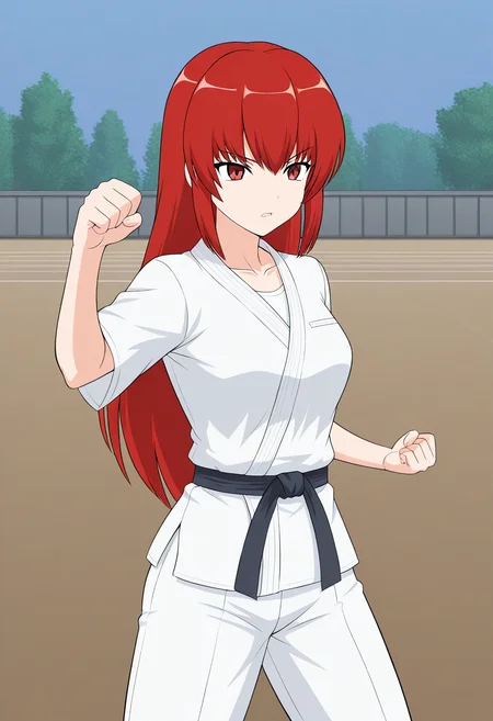 1girl, solo, satsukirindorival, red hair, long hair, hair down, red eyes, white gi, dougi, black belt, outdoors, training field, fists, punch, open mouth, parted lips, serious,