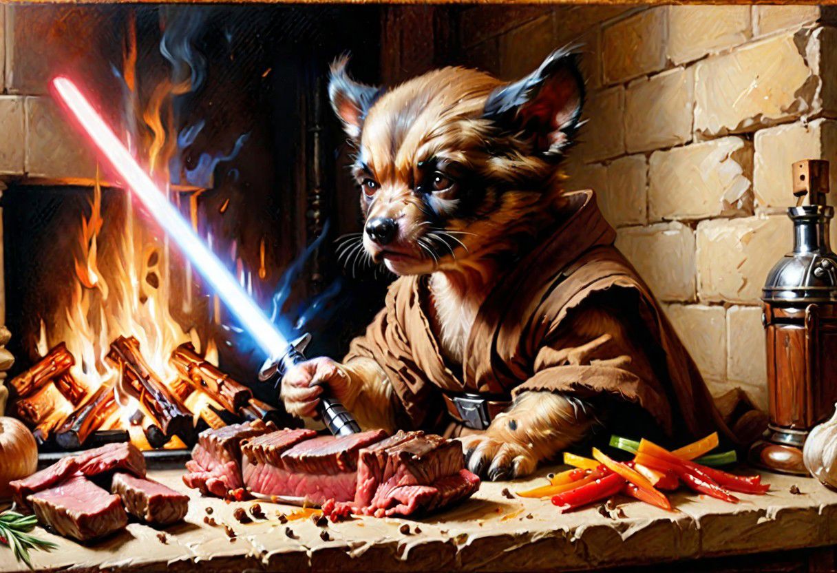 puppy wolverine Obi-Wan, grilling beef on light saber, 
Oil Painting, 
(Renaissance Paintings, Renaissance style, beautiful, painterly, detailed, textural, artistic),  (((intricate details, highly detailed, ultra-detailed, absurdres))), (unreal engine, octane rendering, Anti-Aliasing, sharp focus, natural lighting, high saturation, high contrast, vivid, vibrant, studio lighting, best texture quality), beautiful detailed scenery,