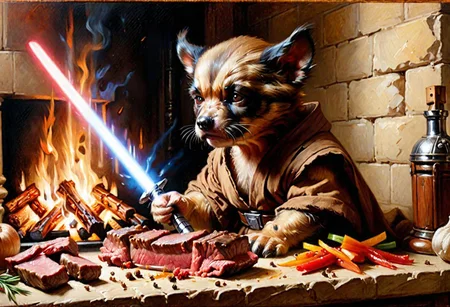 puppy wolverine Obi-Wan, grilling beef on light saber, 
Oil Painting, 
(Renaissance Paintings, Renaissance style, beautiful, painterly, detailed, textural, artistic),  (((intricate details, highly detailed, ultra-detailed, absurdres))), (unreal engine, octane rendering, Anti-Aliasing, sharp focus, natural lighting, high saturation, high contrast, vivid, vibrant, studio lighting, best texture quality), beautiful detailed scenery,