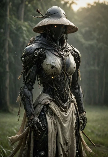 super closeup portrait by franco fontana, Create a vivid scene featuring a busty feudal cyborg shinobi, adorned in white linen hanfu with a large bamboo sedge hat, standing on a dew-covered morning meadow. arms up, bruce lees iconic fighting stance pose, while a subtle glowing aura of energy envelops the warrior.
