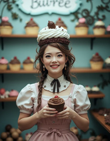 a woman as ( fantasy personification of chocolate cupcake ), character design, cute hats, victorian inspired clothing, unreal engine, highly detailed, smooth, digital illustration by artgerm, studio ghibli, sharp focus, artstation. ribbons, fractal swirls. a fantasy bakery background by studio ghibli, makoto shinkai, global illumination, blender, maya 8 k