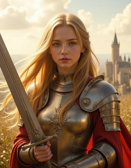 a girl with flowing golden hair, her armor shining brilliantly in the midday sun, her breastplate and pauldrons are engraved with elaborate floral patterns, and her sword is raised high, catching the light, her lips are painted a bold red, and her eyes are focused on the horizon, her pose is confident and heroic, standing atop a hill overlooking a grand battlefield, the distant castle towers silhouetted against the sky, creating an image of chivalric beauty and strength