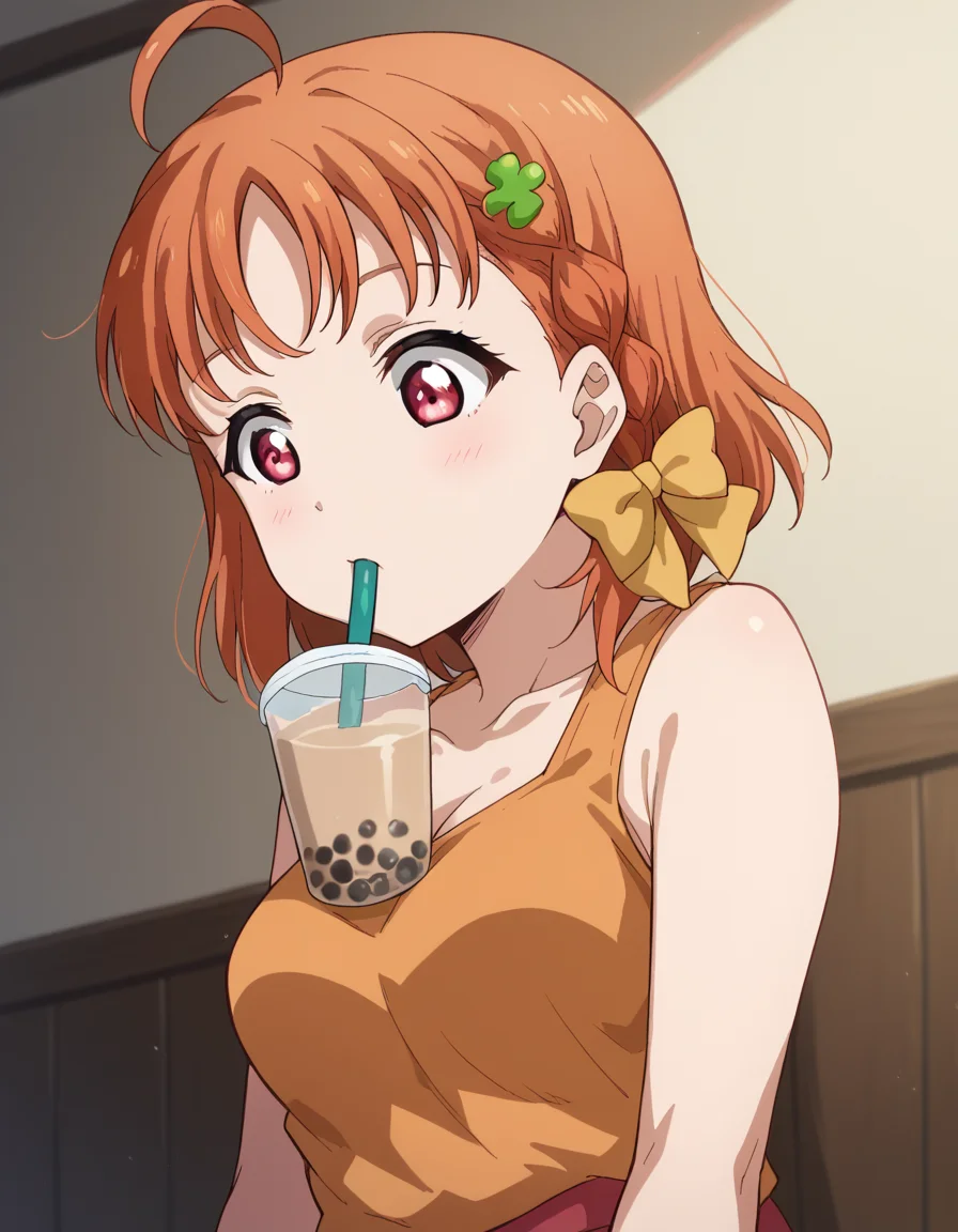 score_9, score_8_up, score_7_up, source_anime, <lora:chika-takami-s2-ponyxl-lora-nochekaiser:1>, chika takami, short hair, hair ornament, red eyes, bow, braid, ahoge, hair bow, orange hair, side braid, yellow bow, clover hair ornament,, <lora:bubble-tea-challenge-ponyxl-lora-nochekaiser:1>, bubble tea challenge, bubble tea, object on breast, drinking straw, drinking straw in mouth, drinking, cup,, indoors, sitting, looking down, , cowboy shot, dutch angle