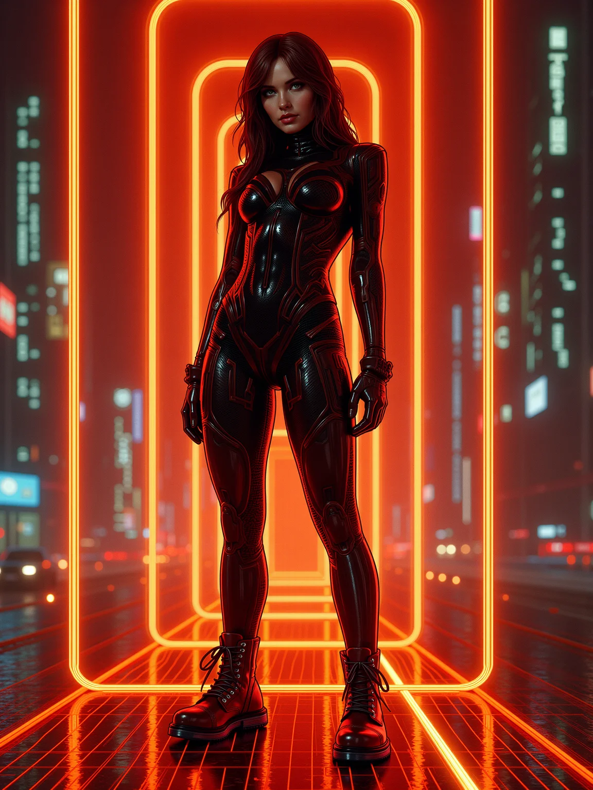mad-cyberspace, woman, dynamic pose, orange glowing outlines, grid, cyberpunk, 1980s, scifi, cityscape <lora:Neon_Cyberpunk_Cyberspace_FLUX:0.6>