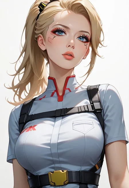 woman in cyberpunk era, young, fallout series soldier, cartoon, anime, slim, fit and slender figure, firm breasts, she is a villain standing above viewer, view from below, gun at viewer, blonde ponytail hair, alluring makeup, captivating blue eyes, an upturned nose, a delicate jawline, parted pouty full lips, slutty uniform,