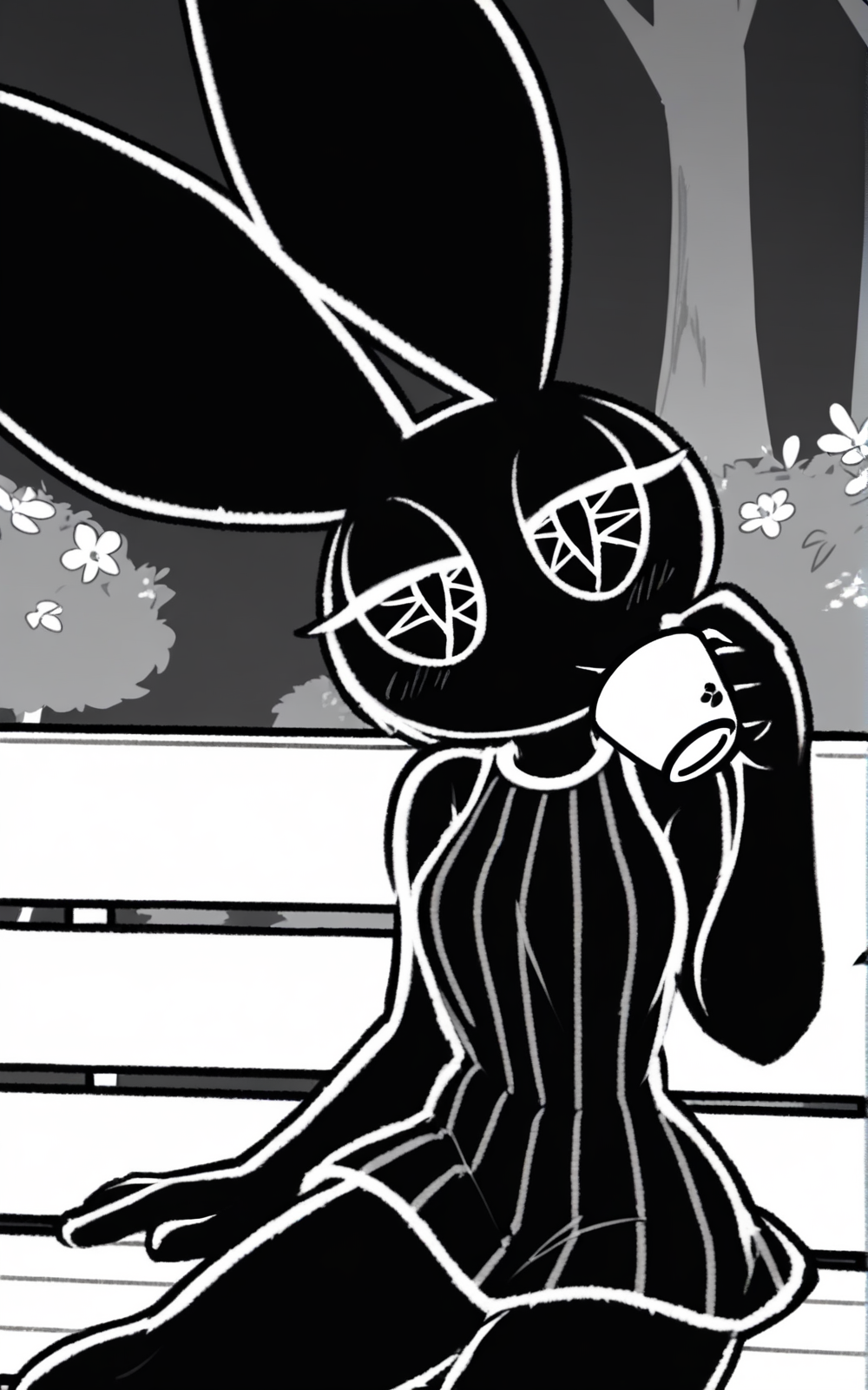 best quality, absurdres, <lora:BolivanteStyleITS:0.8>,   <lora:VRITS:0.8>, VRITS, dress, black dress, sleeveless, striped dress, short dress, furry, animal ears, furry female, black skin, polygon,octagram eyes, black eyes, symbol-shaped eyes, complex eyes, black sclera, black pupils, slim,sitting, bench, flowers,park,trees,mouth,holding coffee, monochrome, greyscale, half-closed eyes,no nose, no mouth