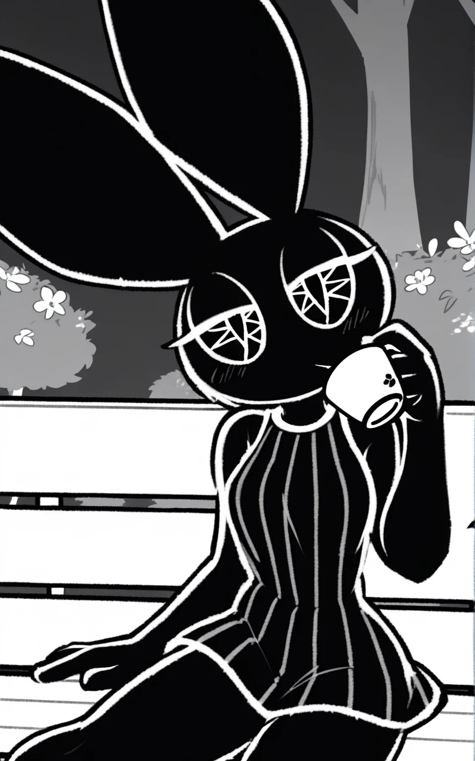 best quality, absurdres, <lora:BolivanteStyleITS:0.8>, <lora:VRITS:0.8>, VRITS, dress, black dress, sleeveless, striped dress, short dress, furry, animal ears, furry female, black skin, polygon,octagram eyes, black eyes, symbol-shaped eyes, complex eyes, black sclera, black pupils, slim,sitting, bench, flowers,park,trees,mouth,holding coffee, monochrome, greyscale, half-closed eyes,no nose, no mouth